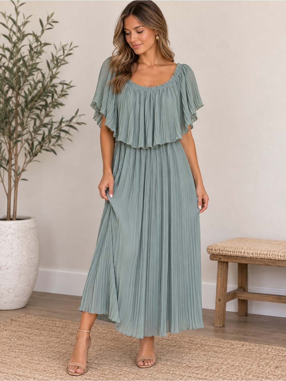 Sage Green Pleated Maxi Dress Cape Ruffle Flutter Sleeve Elegant